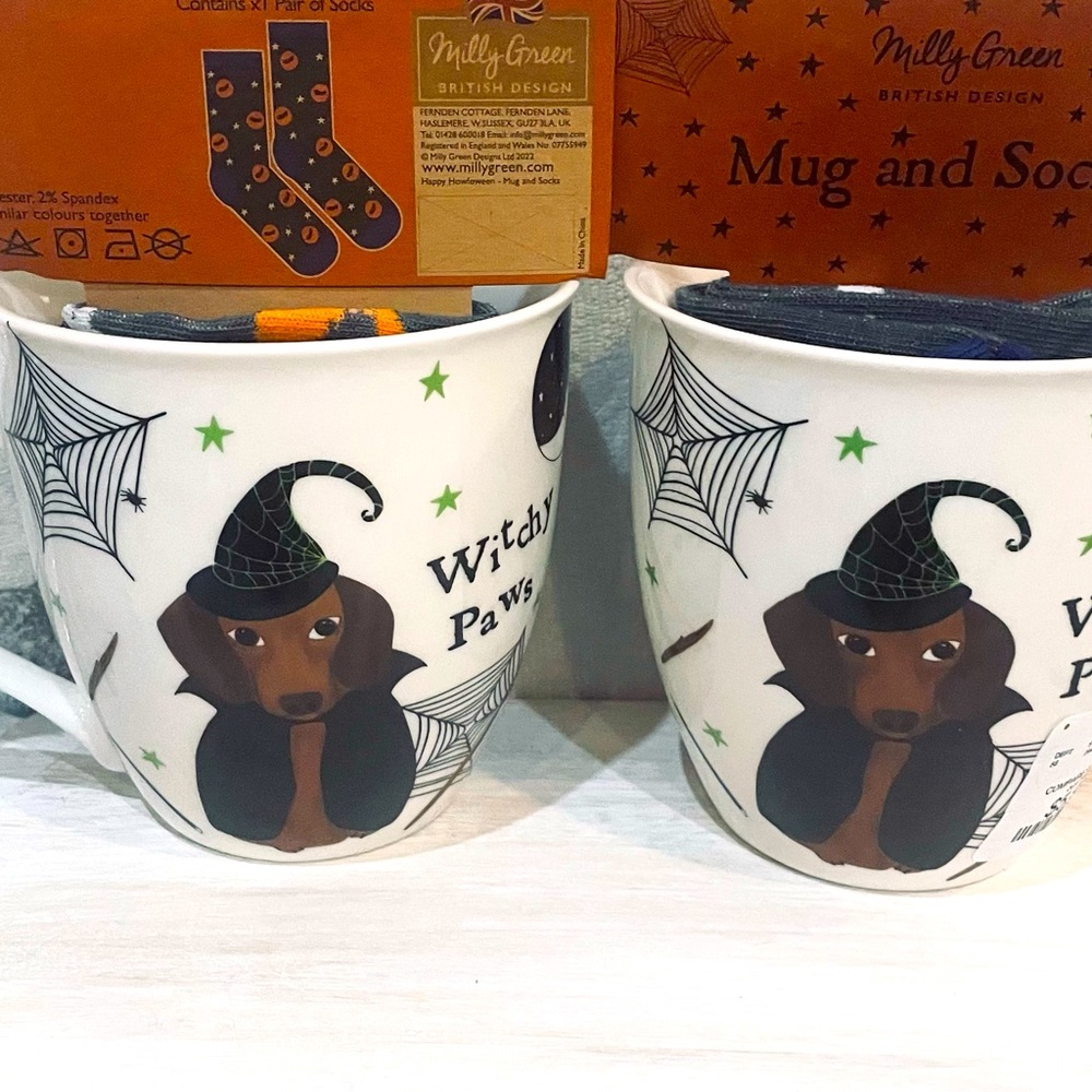 Dachshund Halloween mug with socks  WITCHY PAWS Milly Green NWT